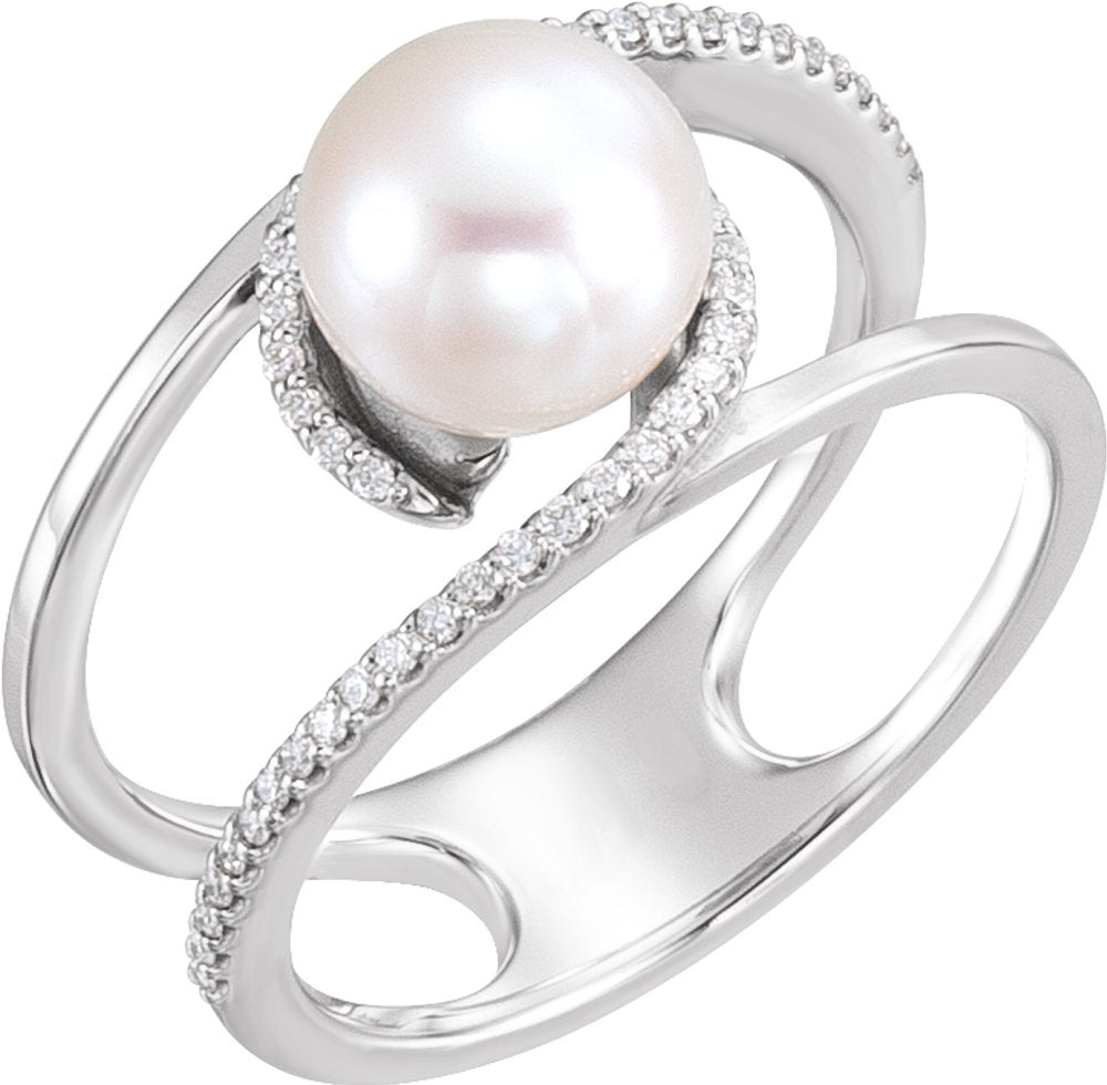 14K White Gold Cultured White Freshwater Pearl & 1/8 CTW Natural Diamond Ring