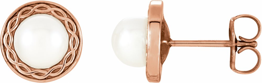 14K Rose Gold Cultured White Freshwater Pearl Earrings