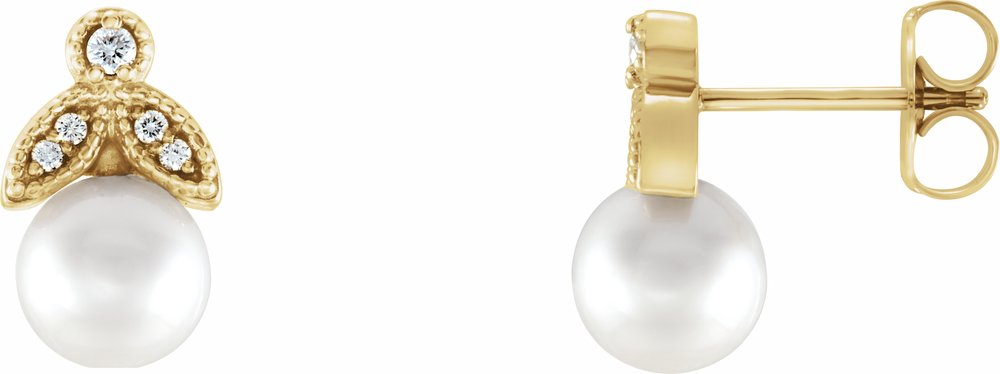 14K Yellow Cultured White Freshwater Pearl & .06 CTW Natural Diamond Earrings