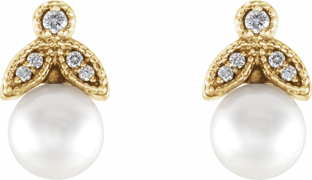 14K Yellow Gold Cultured White Freshwater Pearl & .06 CTW Natural Diamond Earrings