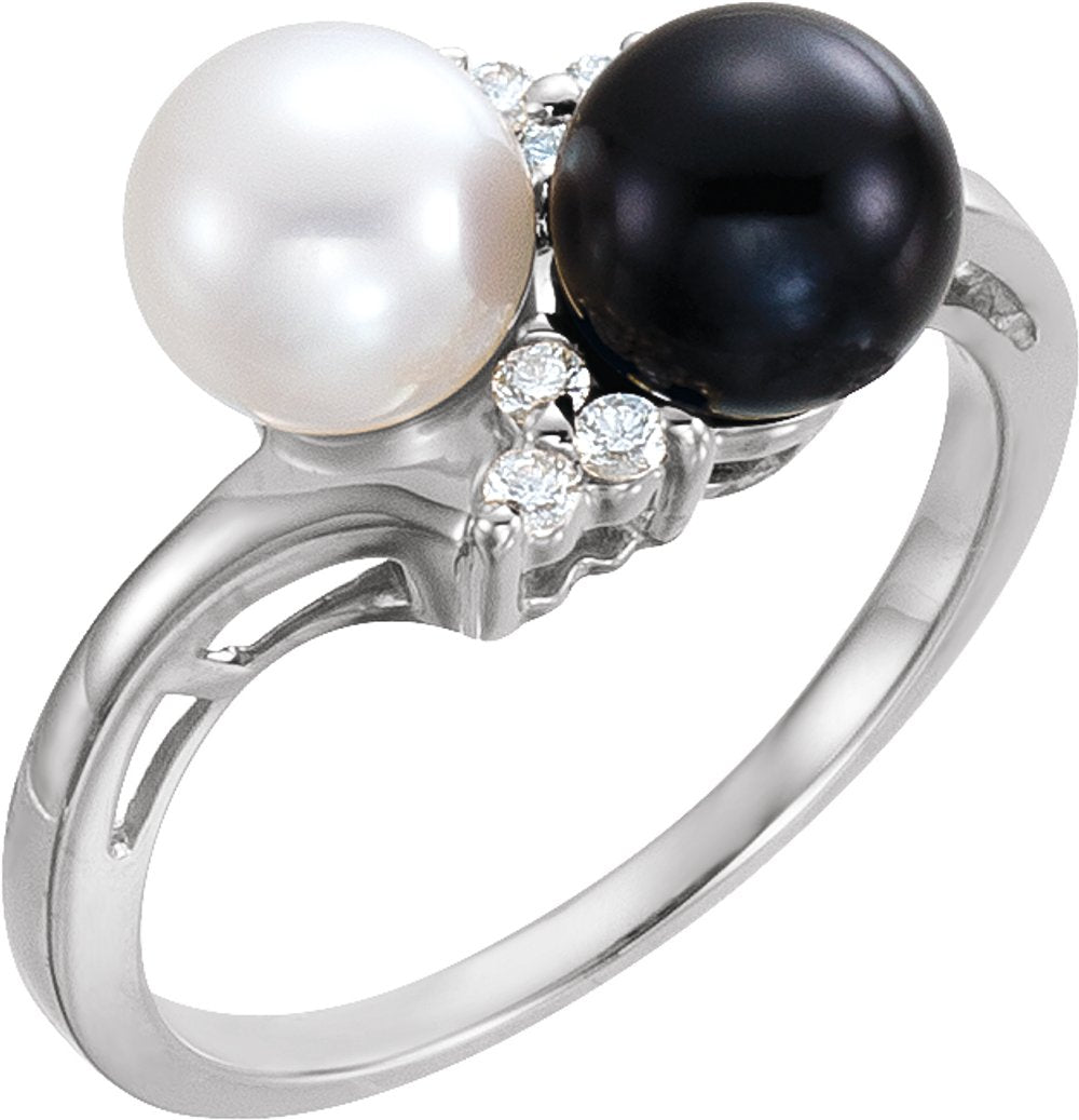 14K White Gold Cultured Black & White Akoya Pearl & 1/10 CTW Natural Diamond Ring