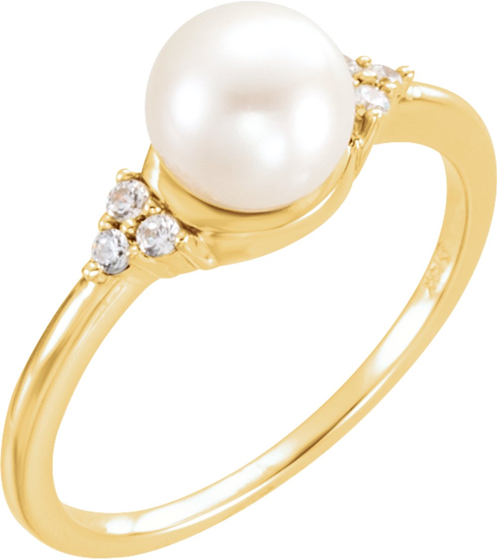 14K Yellow 7.5-8 mm Cultured Freshwater White Pearl & 1/10 CTW Natural Diamond Ring