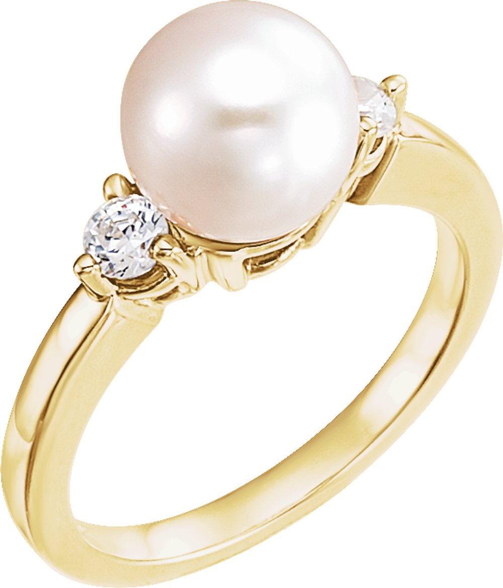 14K Yellow Gold Cultured White Akoya Pearl & 1/4 CTW Natural Diamond Ring
