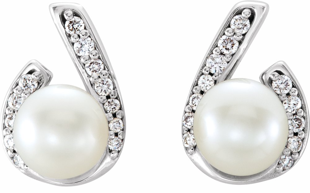 14K White Gold Cultured White Freshwater Pearl & 1/10 CTW Natural Diamond Earrings