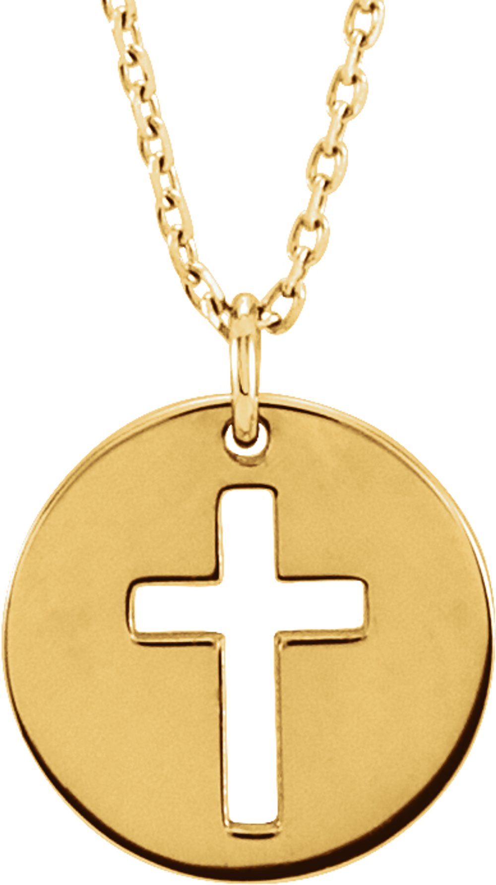 14K Yellow Gold Pierced Cross Disc 16-18" Necklace