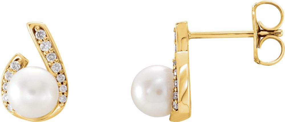 14K Yellow Cultured White Freshwater Pearl & 1/10 CTW Natural Diamond Earrings