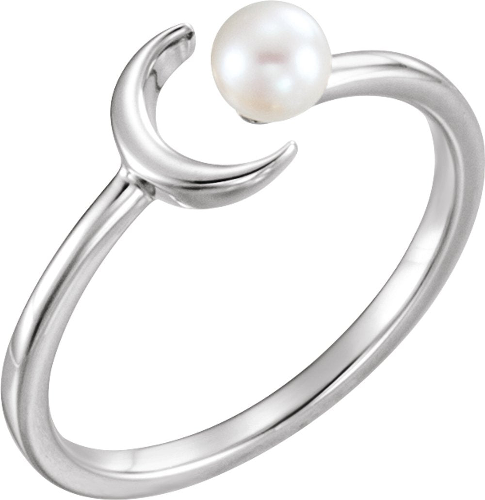 14K White Gold Cultured White Freshwater Pearl Crescent Moon Ring