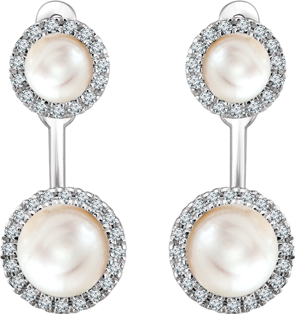 14K White Cultured White Freshwater Pearl & 1/5 CTW Natural Diamond Halo-Style Earrings