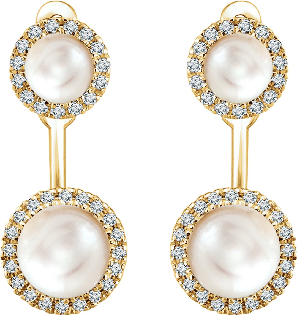 14K Yellow Cultured White Freshwater Pearl & 1/5 CTW Natural Diamond Halo-Style Earrings