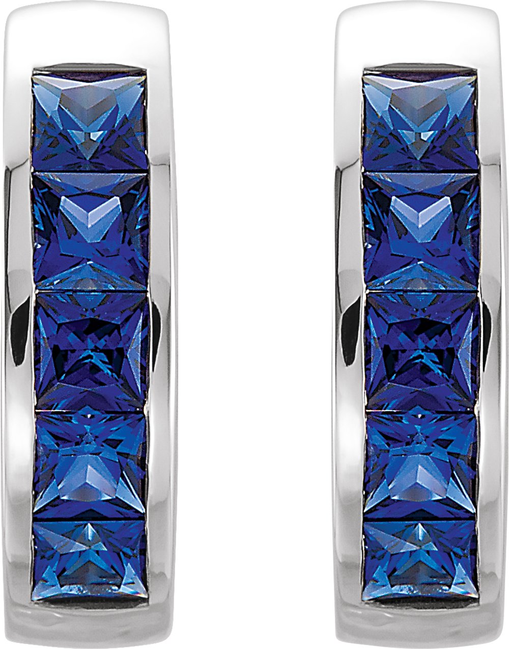 14K White Lab-Grown Blue Sapphire Hoop Earrings