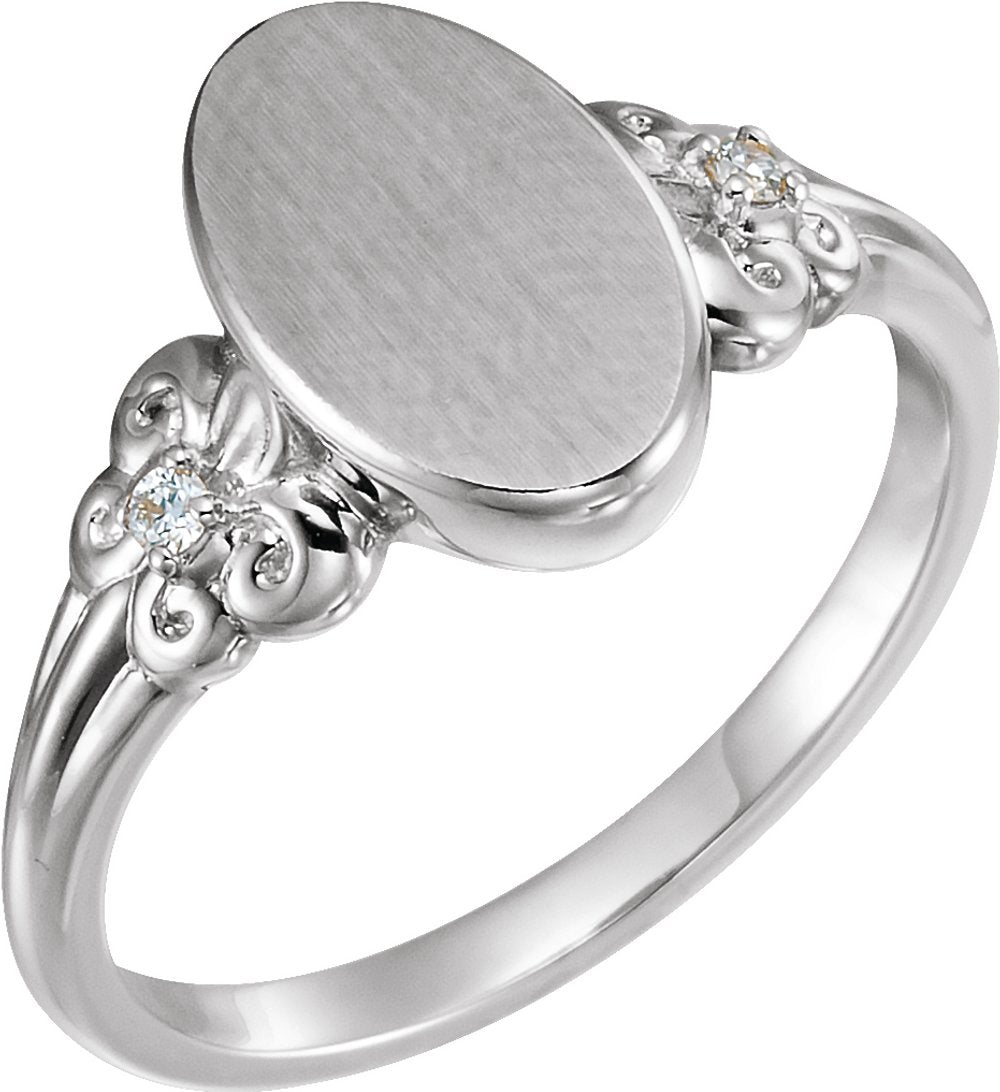 Sterling Silver .03 CTW Diamond 12x8 mm Oval Fleur-de-lis Signet Ring
