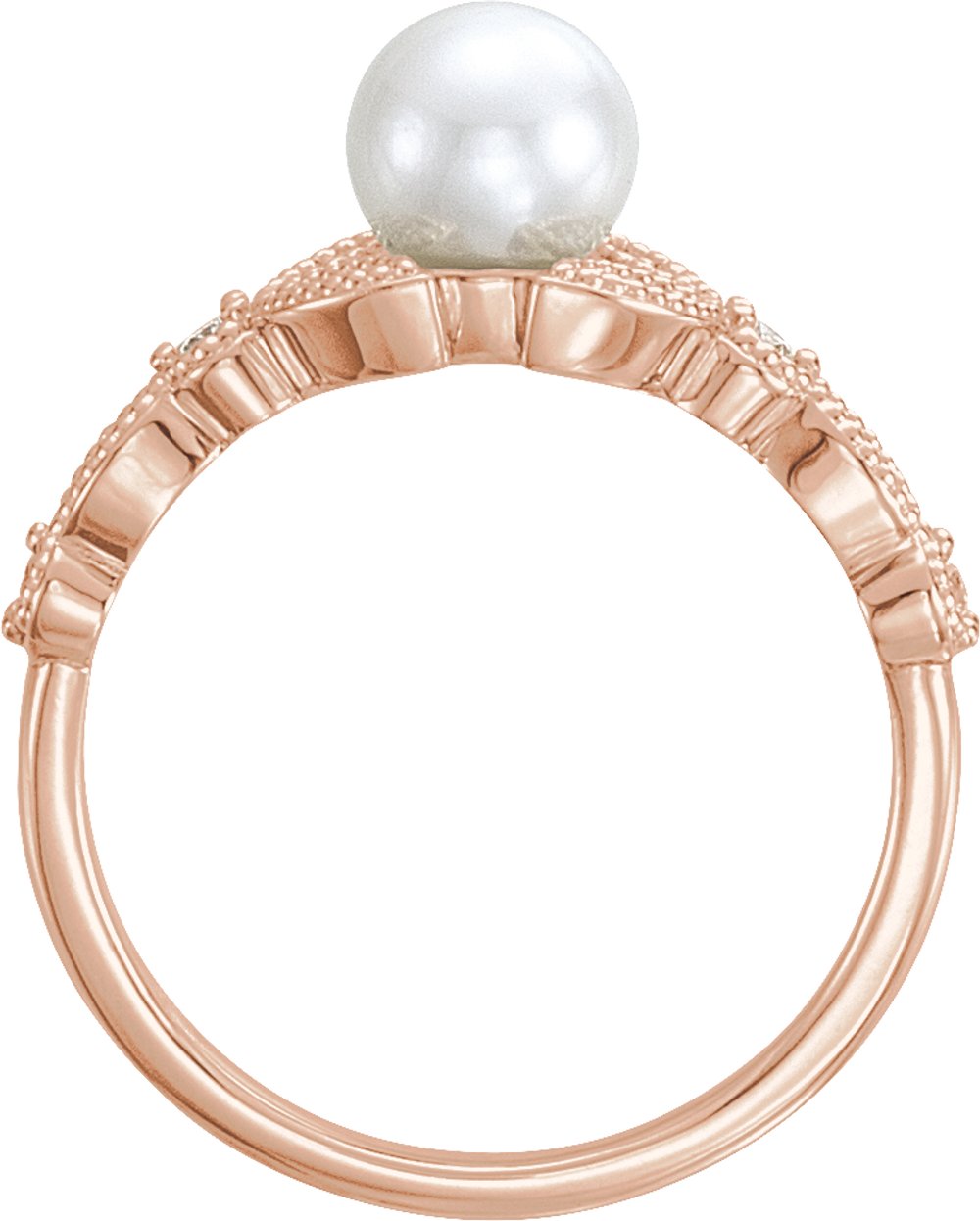 14K Rose Gold Cultured White Freshwater Pearl & 1/10 CTW Natural Diamond Leaf Ring