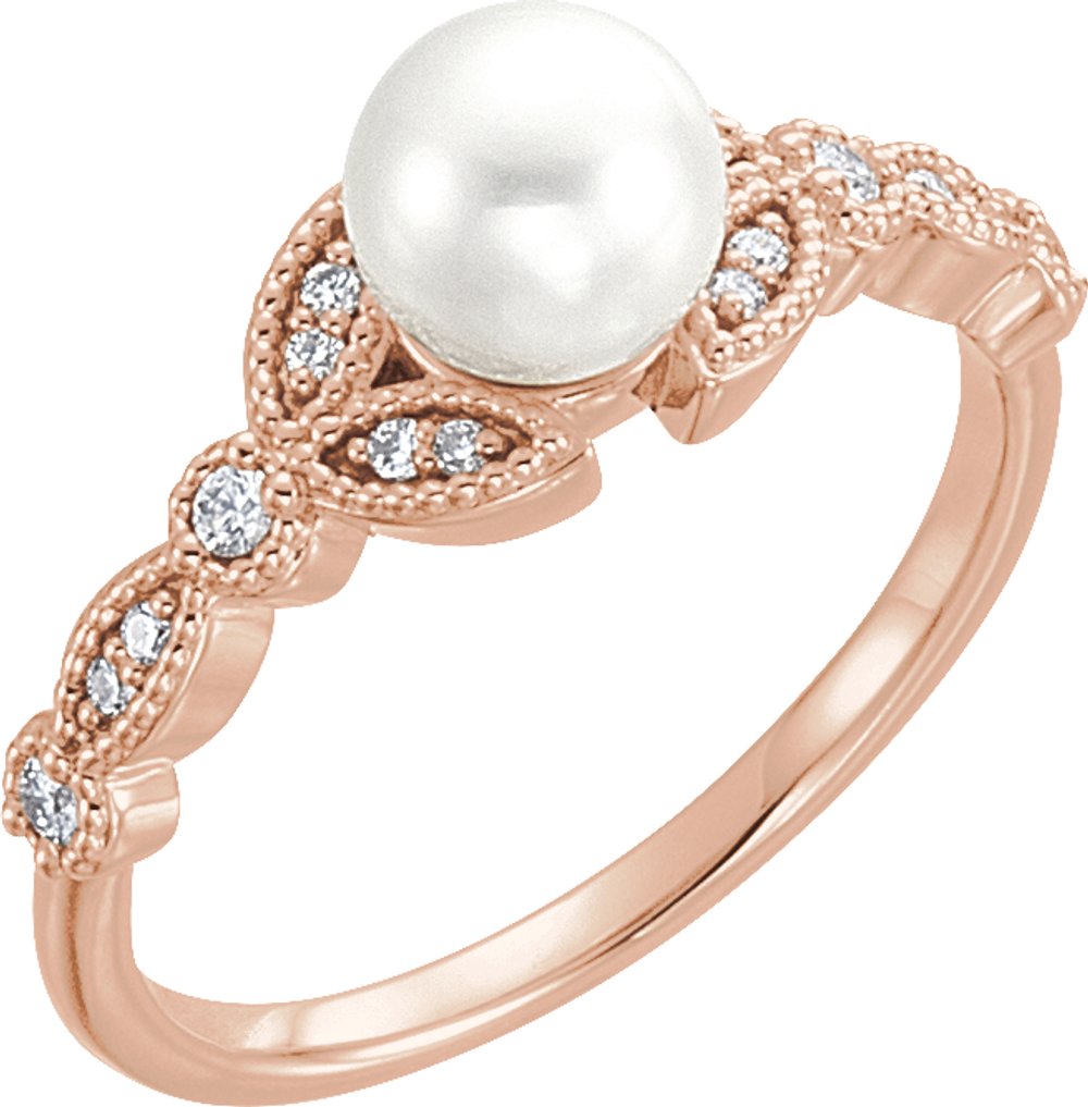 14K Rose Gold Cultured White Freshwater Pearl & 1/10 CTW Natural Diamond Leaf Ring