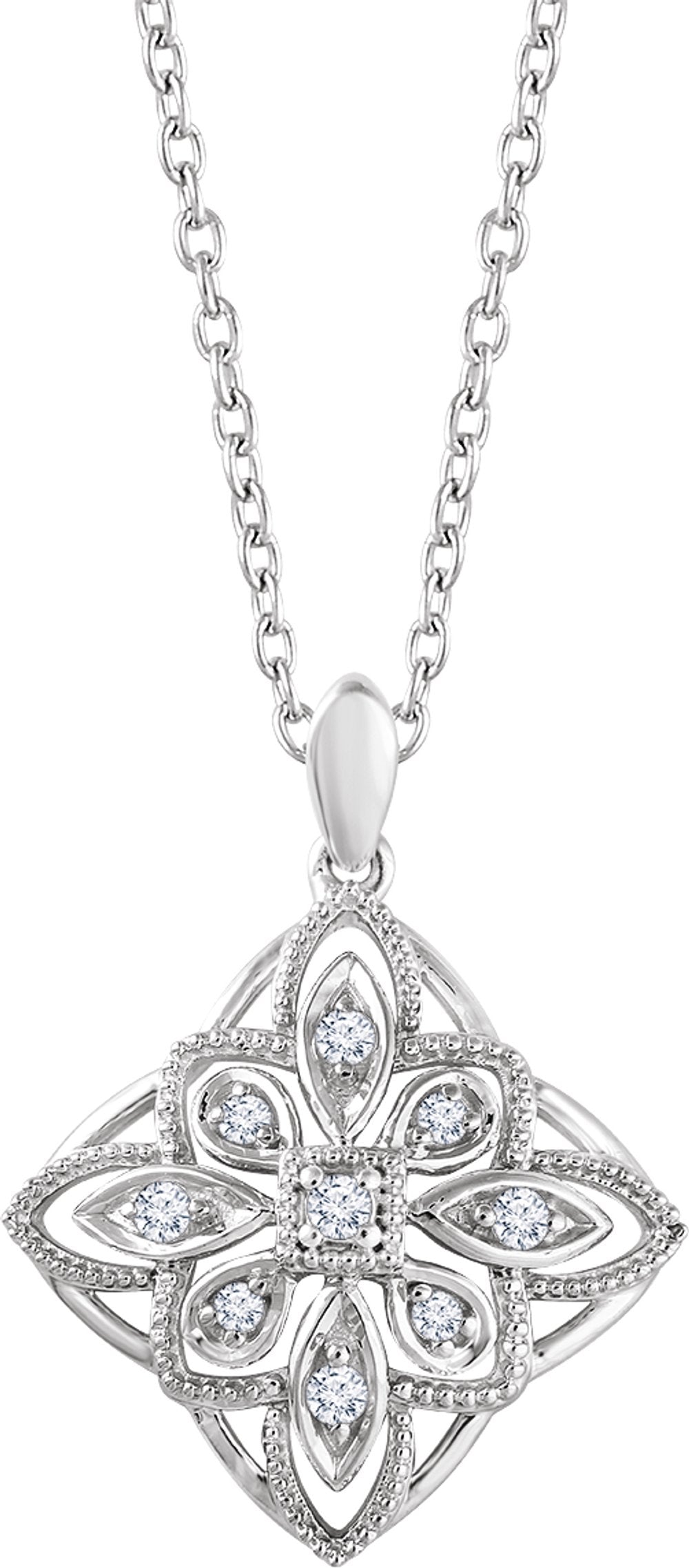 14K White Gold 1/10 CTW Natural Diamond Granulated Filigree 16-18" Necklace