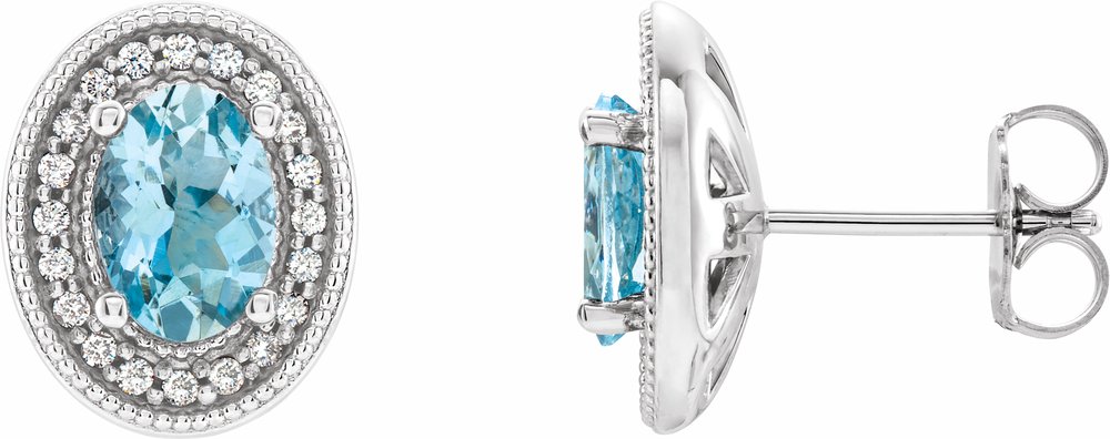 14K White 7x5 mm Natural Aquamarine 1/6 CTW Natural Diamond Halo-Style Earrings