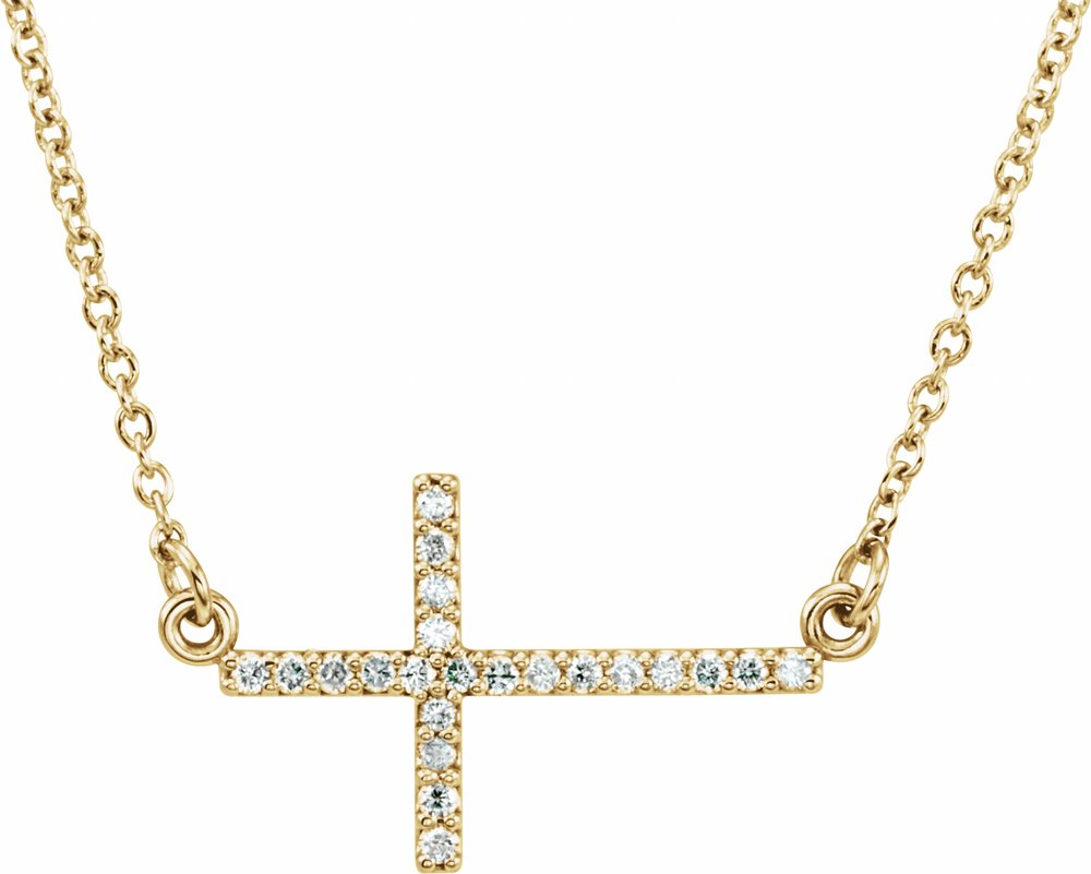 14K Yellow Gold 1/10 CTW Lab-Grown Diamond Sideways Cross 16-18" Necklace