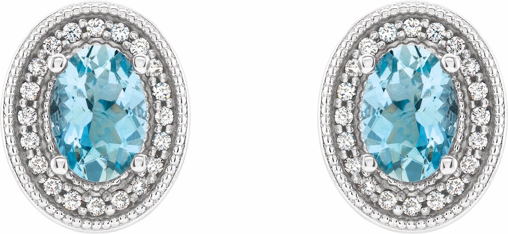 14K White 7x5 mm Natural Aquamarine 1/6 CTW Natural Diamond Halo-Style Earrings