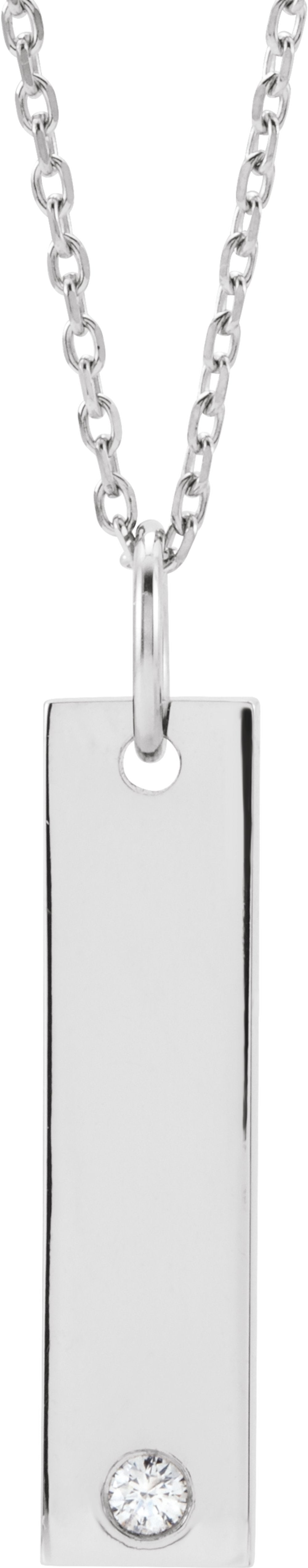 14K White Gold .03 CT Natural Diamond Engravable Bar 16-18" Necklace