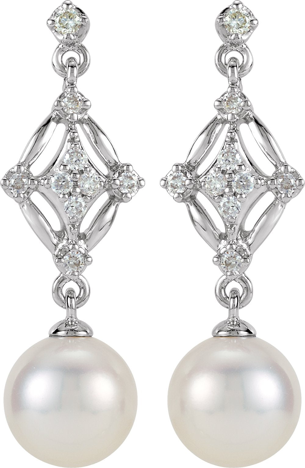 14K White Gold Cultured White Freshwater Pearl & 1/6 CTW Natural Diamond Earrings