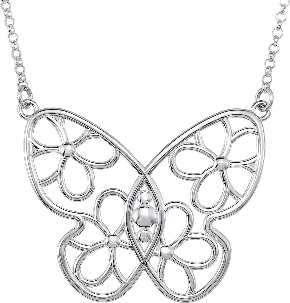 Sterling Silver Butterfly & Floral 15.5" Necklace