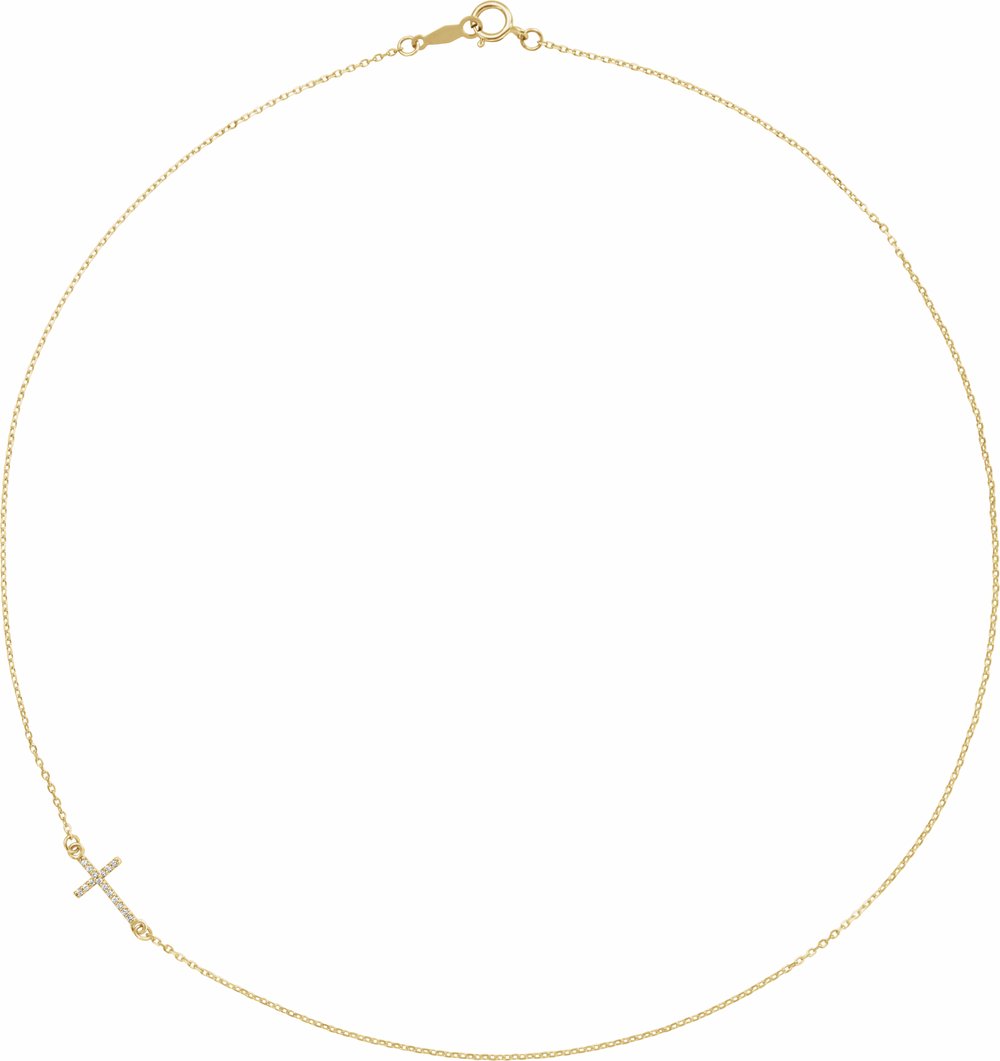 14K Yellow Gold .04 CTW Natural Diamond Off-Center Sideways Cross 16" Necklace