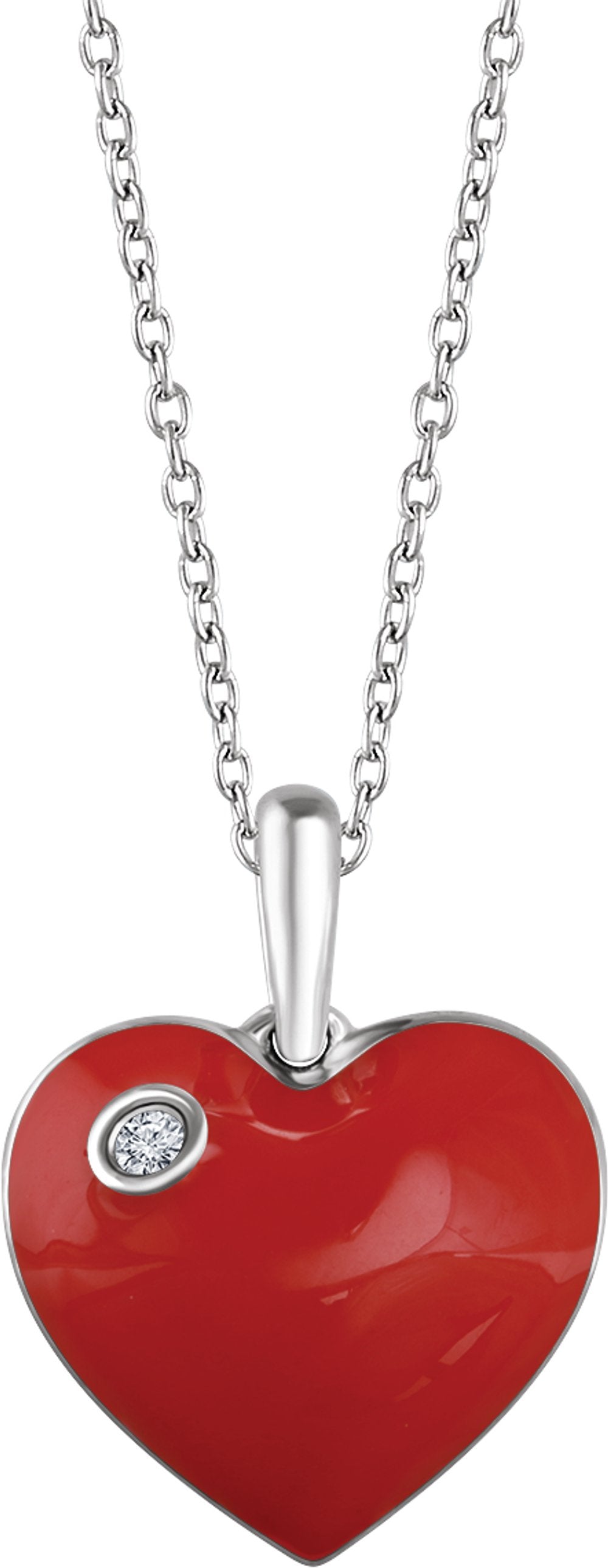 Sterling Silver .02 CT Natural Diamond Red Enamel Heart 16-18" Necklace