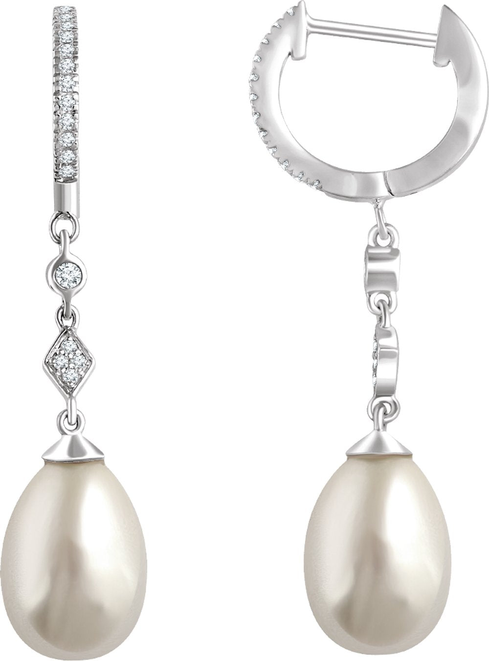 14K White Gold Cultured White Freshwater Pearl & 1/6 CTW Natural Diamond Earrings