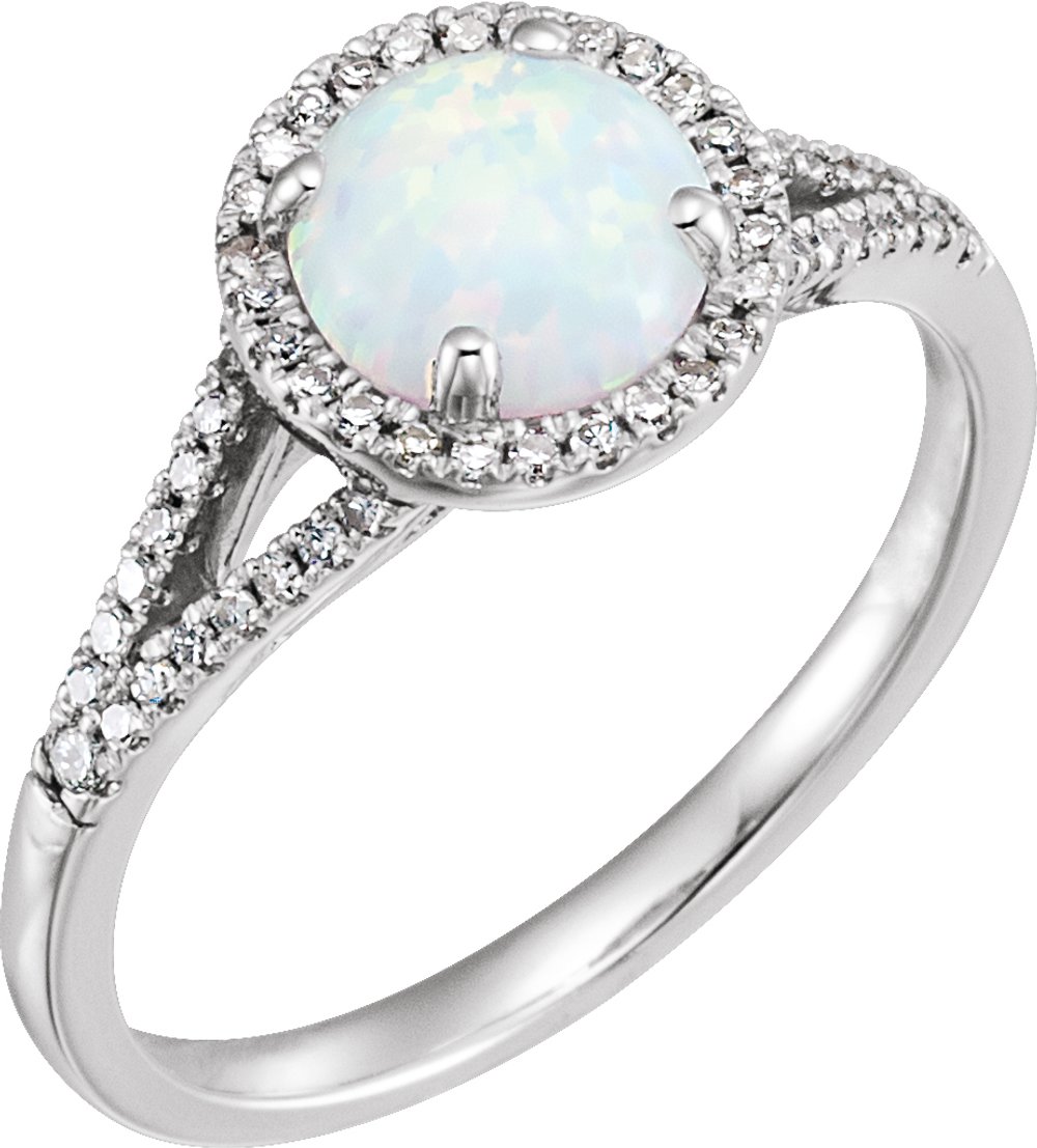 14K White Created Opal & 1/6 CTW Natural Diamond Ring