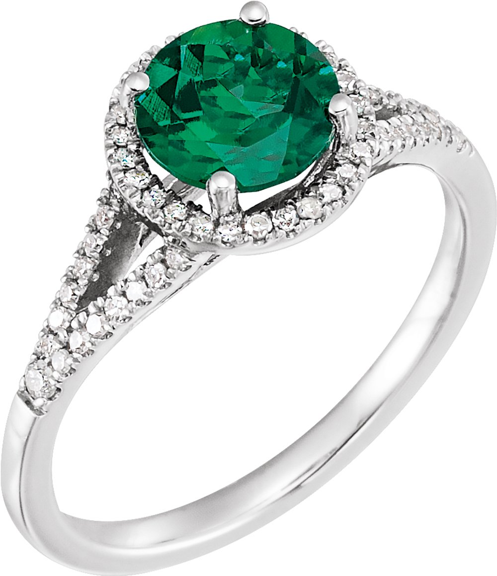 14K White Lab-Grown Emerald & 1/6 CTW Natural Diamond Ring