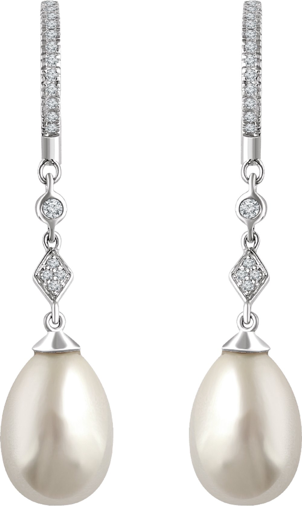 14K White Gold Cultured White Freshwater Pearl & 1/6 CTW Natural Diamond Earrings