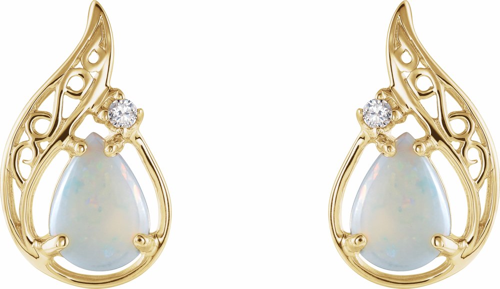 14K Yellow Gold Natural White Opal & .03 CTW Natural Diamond Earrings
