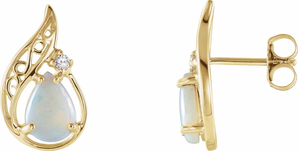 14K Yellow Gold Natural White Opal & .03 CTW Natural Diamond Earrings