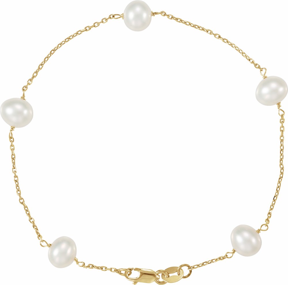14K Yellow Gold Cultured White Freshwater Pearl 5-Station 7" Bracelet