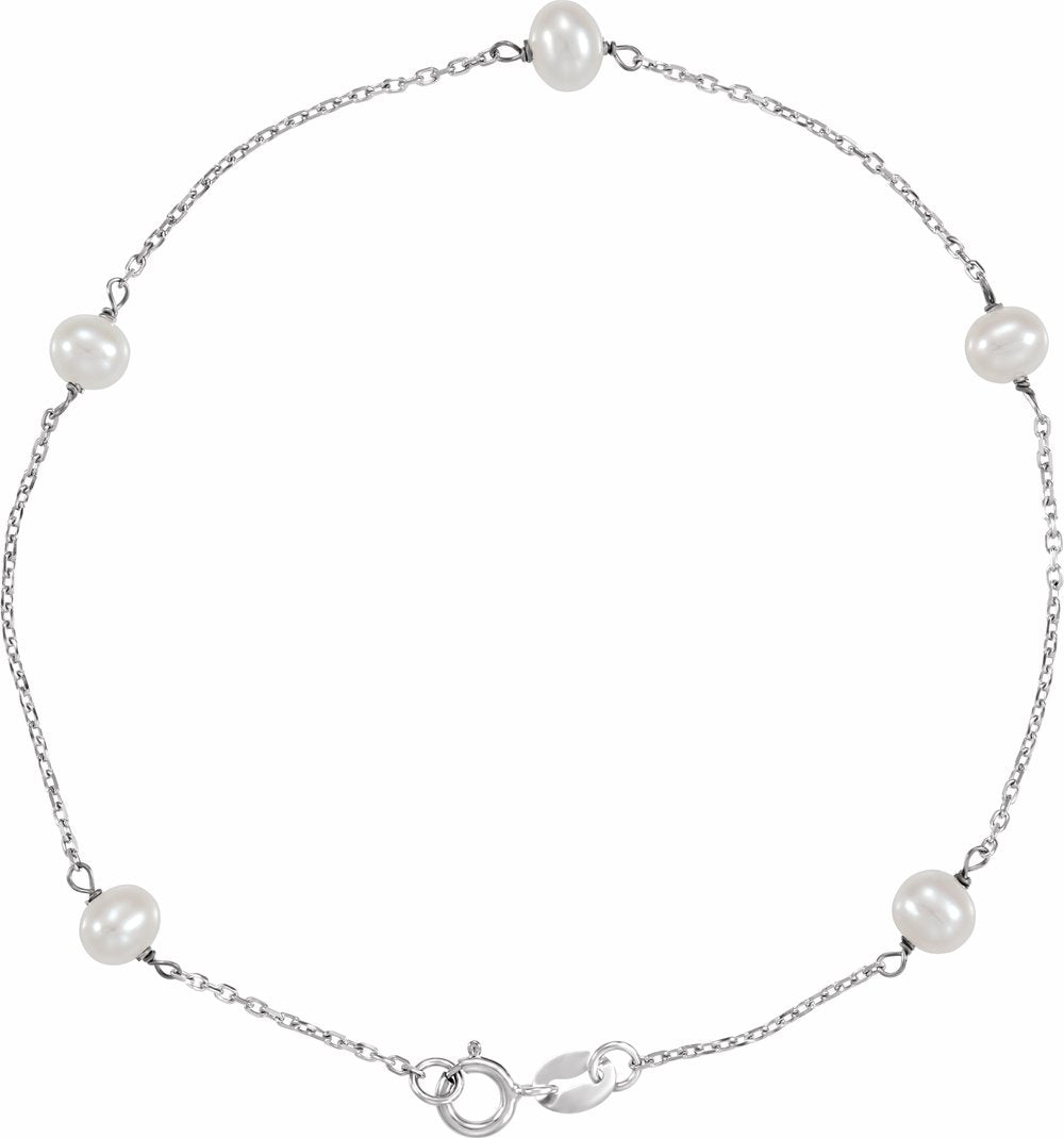 14K White Gold Cultured White Freshwater Pearl 5-Station 7" Bracelet
