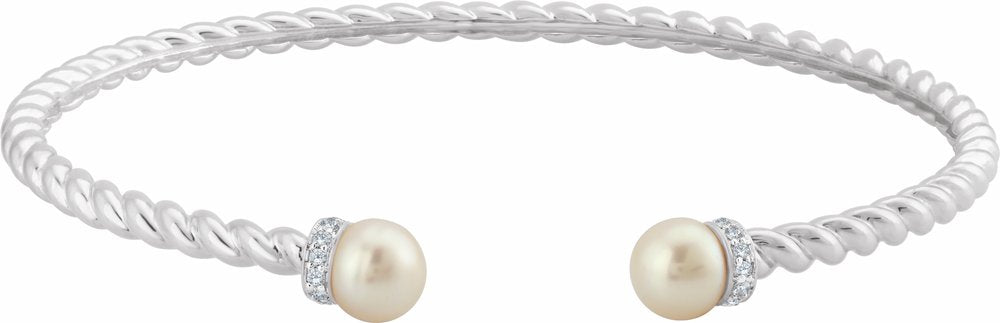 14K White Gold Cultured White Freshwater Pearl & 1/10 CTW Natural Diamond Cuff 7" Bracelet