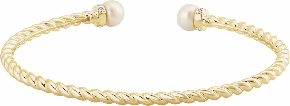 14K Yellow Cultured White Freshwater Pearl & 1/10 CTW Natural Diamond Cuff 7" Bracelet