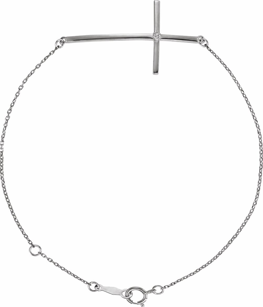 14K White Gold .025 CT Natural Diamond Sideways Cross 7-8" Bracelet