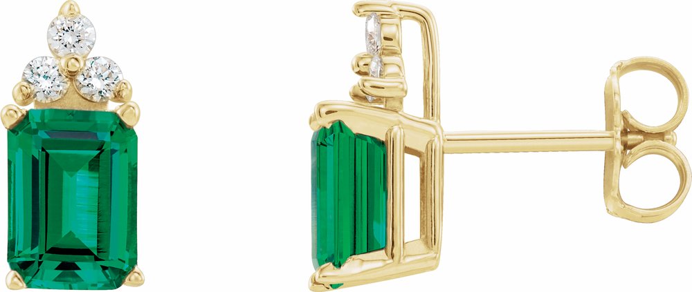 14K Yellow Gold Lab-Grown Emerald & 1/8 CTW Natural Diamond Earrings