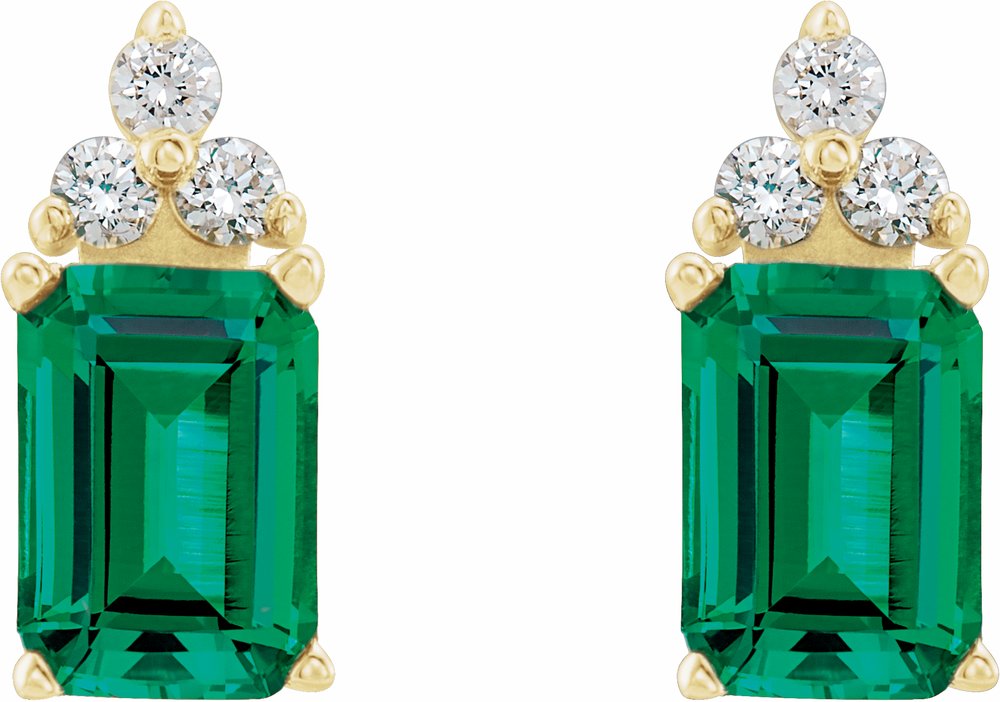 14K Yellow Gold Lab-Grown Emerald & 1/8 CTW Natural Diamond Earrings