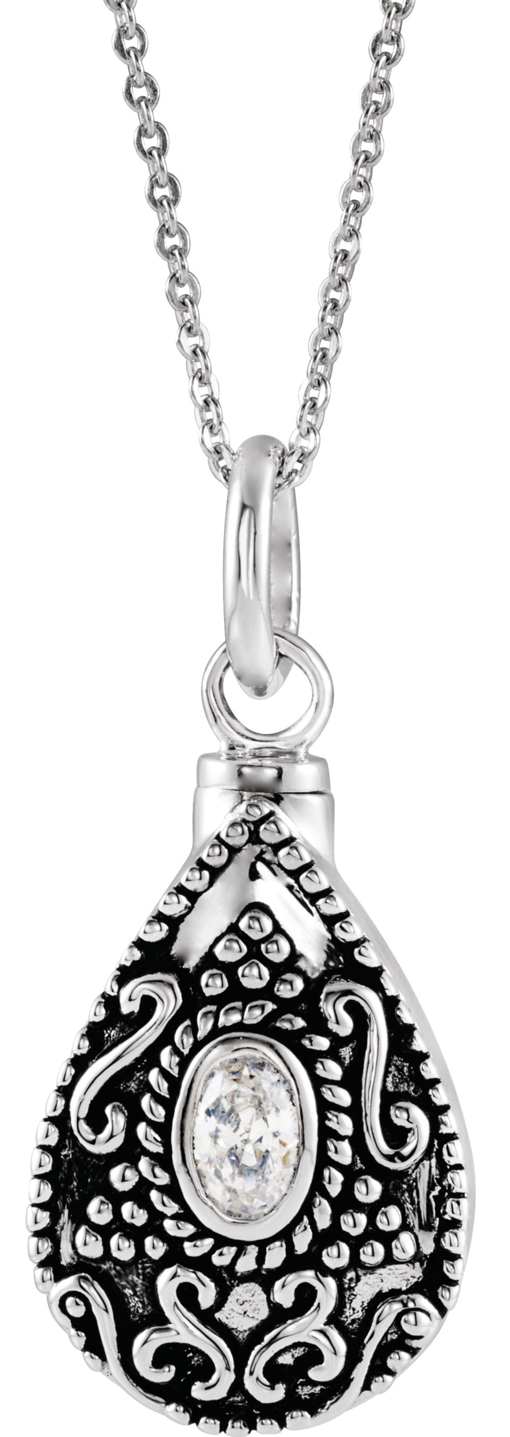 Sterling Silver 6x4 mm Oval April Birthstone Ash Holder 18" Necklace