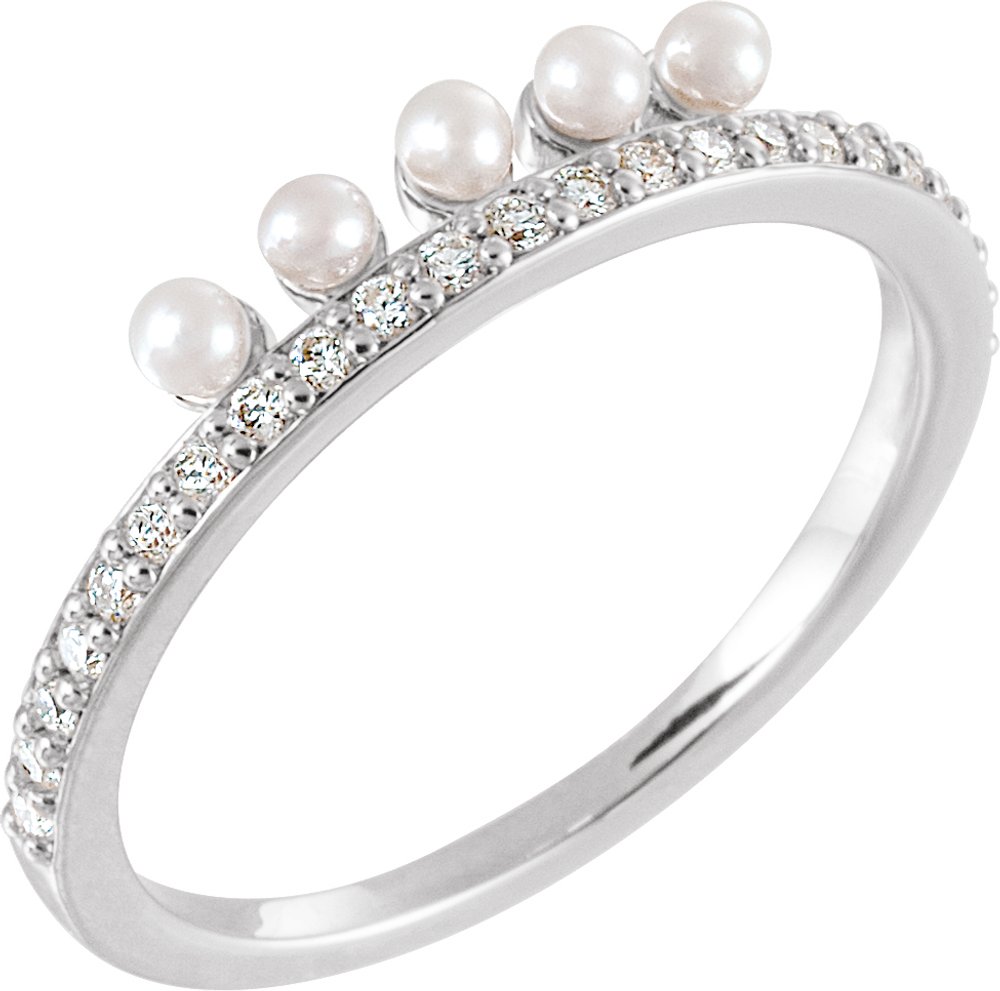 14K White Cultured White Freshwater Pearl & 1/5 CTW Natural Diamond Stackable Ring