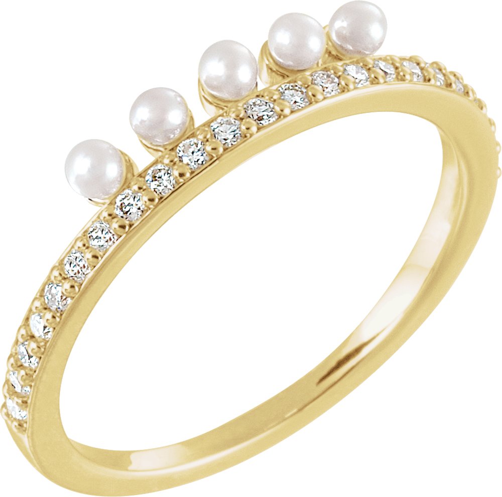 14K Yellow Cultured White Freshwater Pearl & 1/5 CTW Natural Diamond Stackable Ring