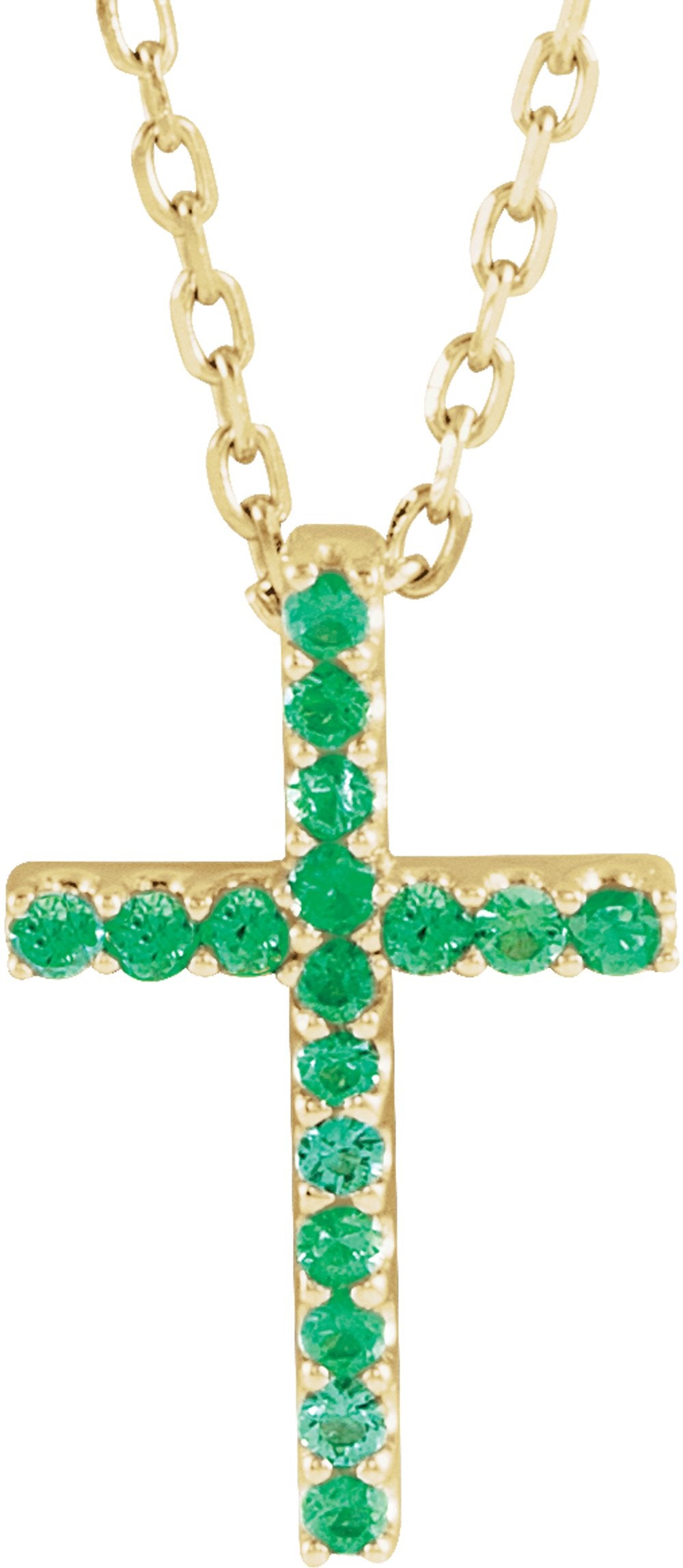 14K Yellow Gold Natural Emerald Petite Cross 16" Necklace