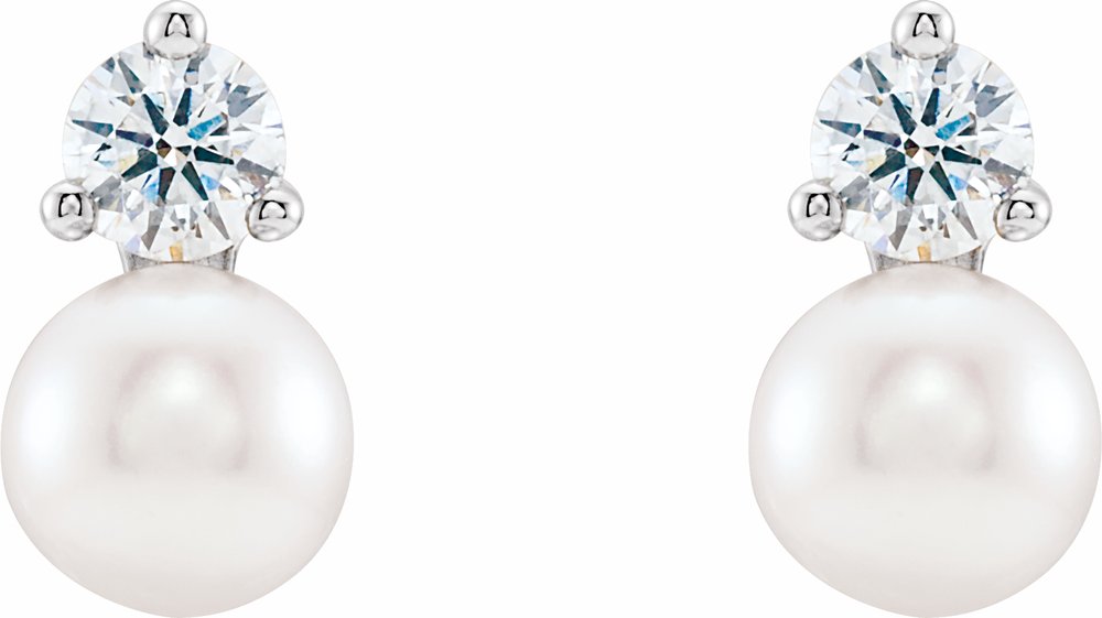 14K White Gold Cultured White Freshwater Pearl & 1/2 CTW Natural Diamond Earrings