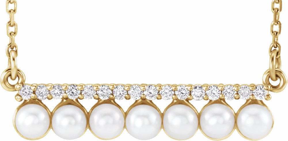 14K Yellow Cultured White Freshwater Pearl & 1/8 CTW Natural Diamond Bar 16-18" Necklace
