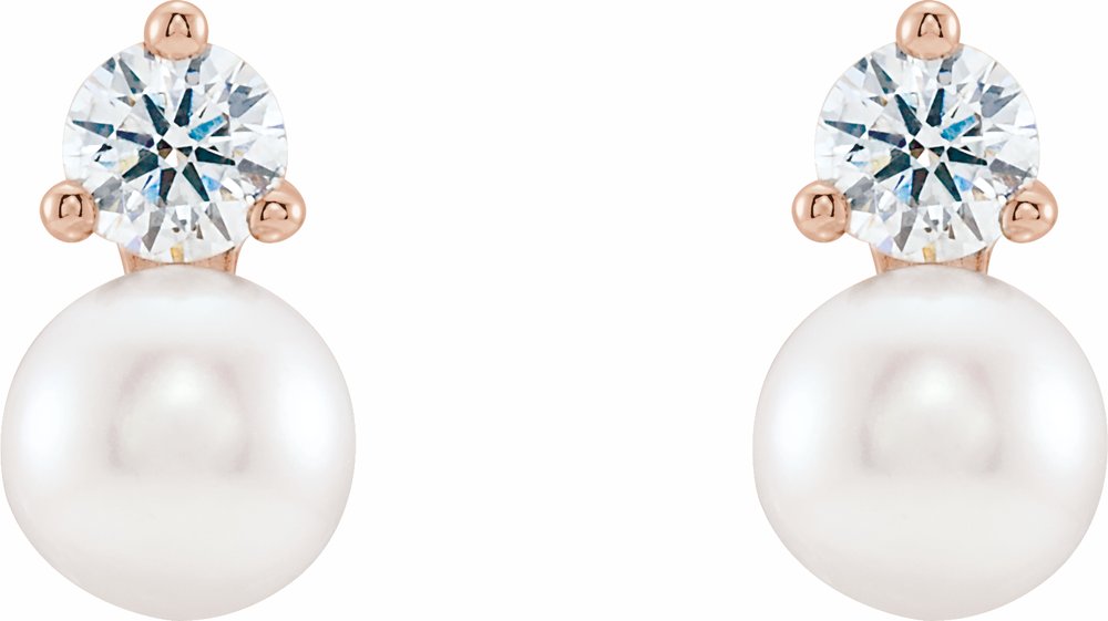 14K Rose Gold Cultured White Freshwater Pearl & 1/2 CTW Natural Diamond Earrings