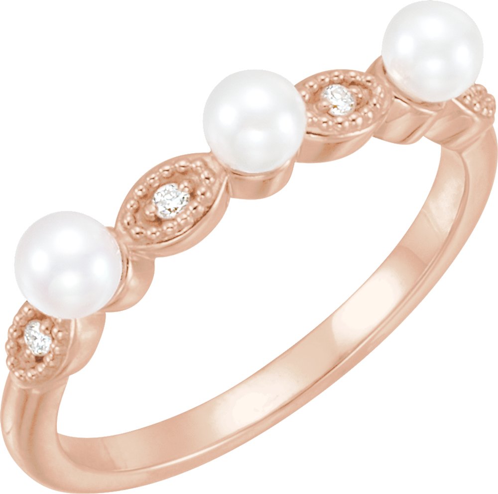 14K Rose Gold Cultured White Freshwater Pearl & .03 CTW Natural Diamond Stackable Ring