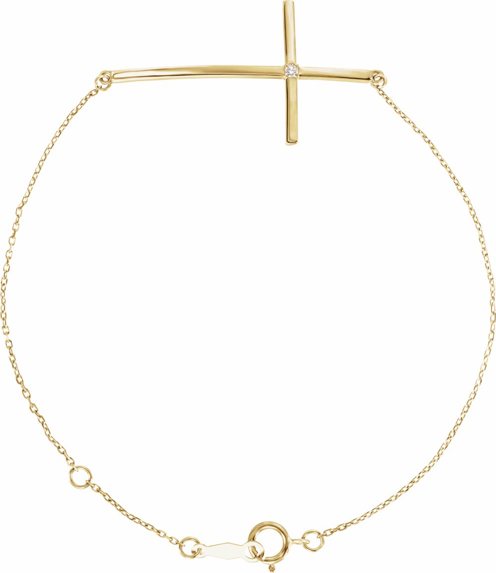14K Yellow Gold .025 CT Natural Diamond Sideways Cross 7-8" Bracelet