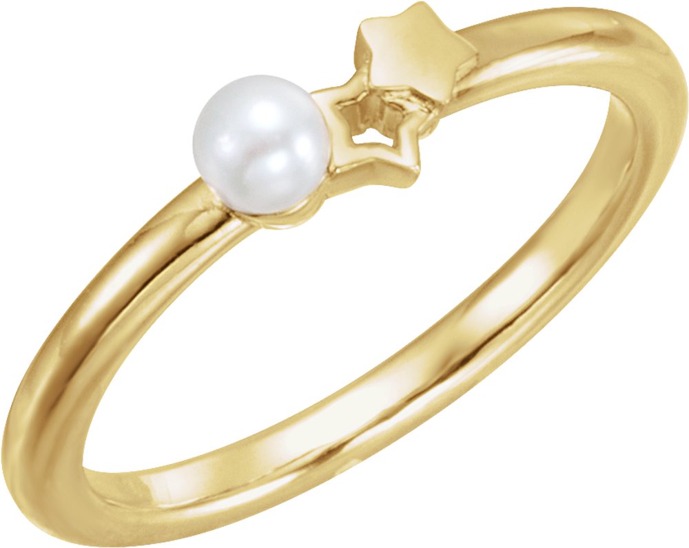 14K Yellow Cultured White Freshwater Pearl Youth Double Star Ring