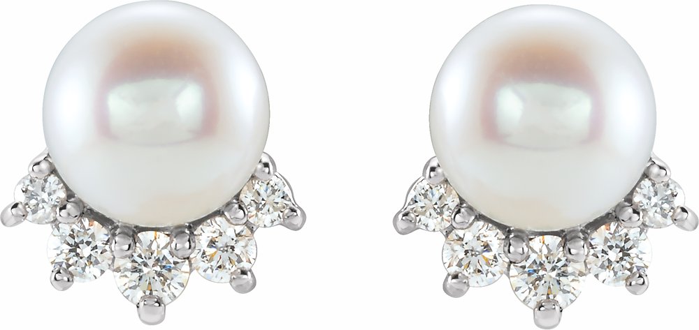 14K White Gold Cultured White Freshwater Cultured Pearl & .08 CTW Natural Diamond Earrings
